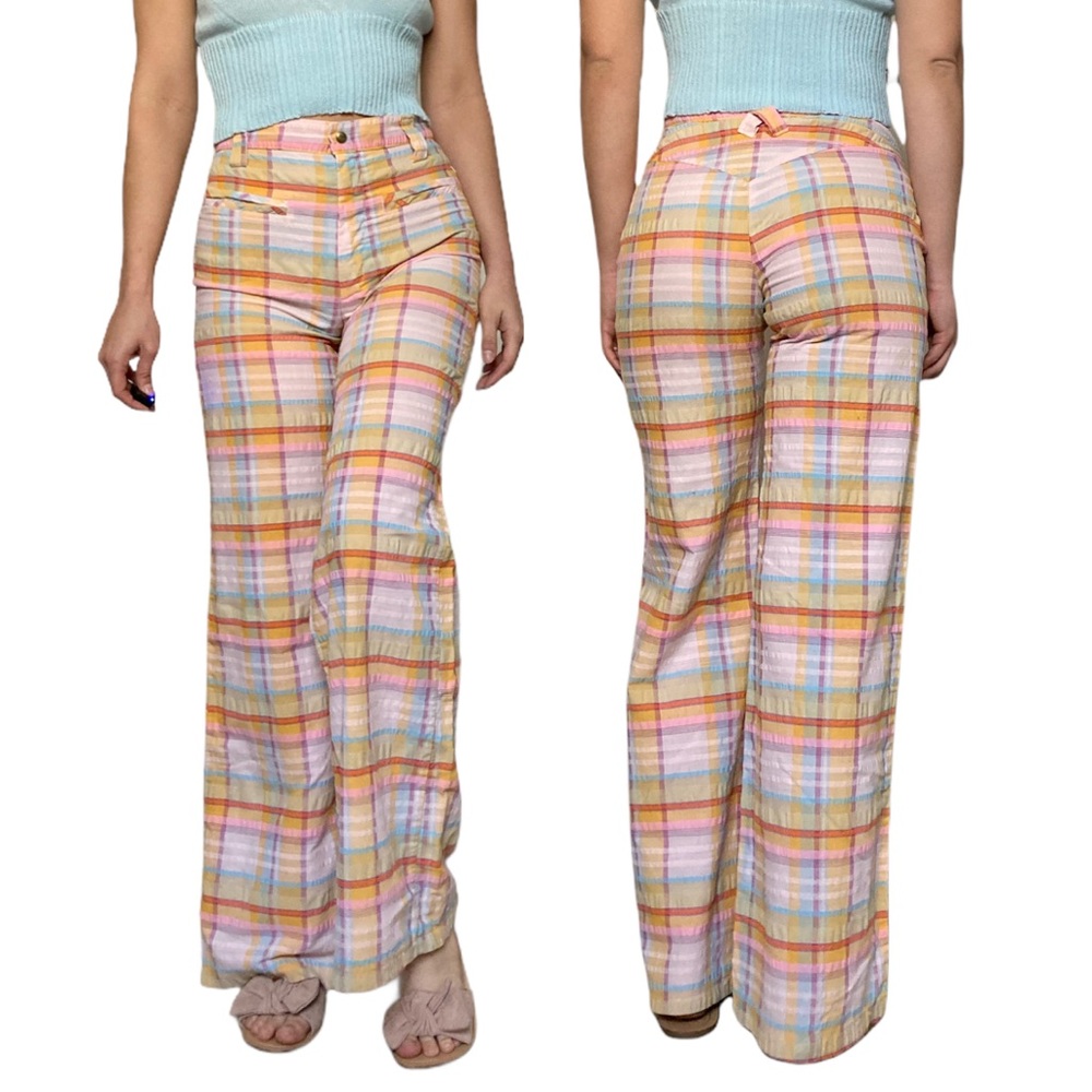 Vintage 70s Pastel Seersucker Wide Leg Pants, Mid/High Rise, 27” waist, Size XS